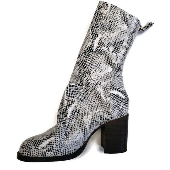 Free People Leather Boot Sz 6 Elle Block Heel Slouchy Zip Black White Snakeskin - Picture 4 of 10